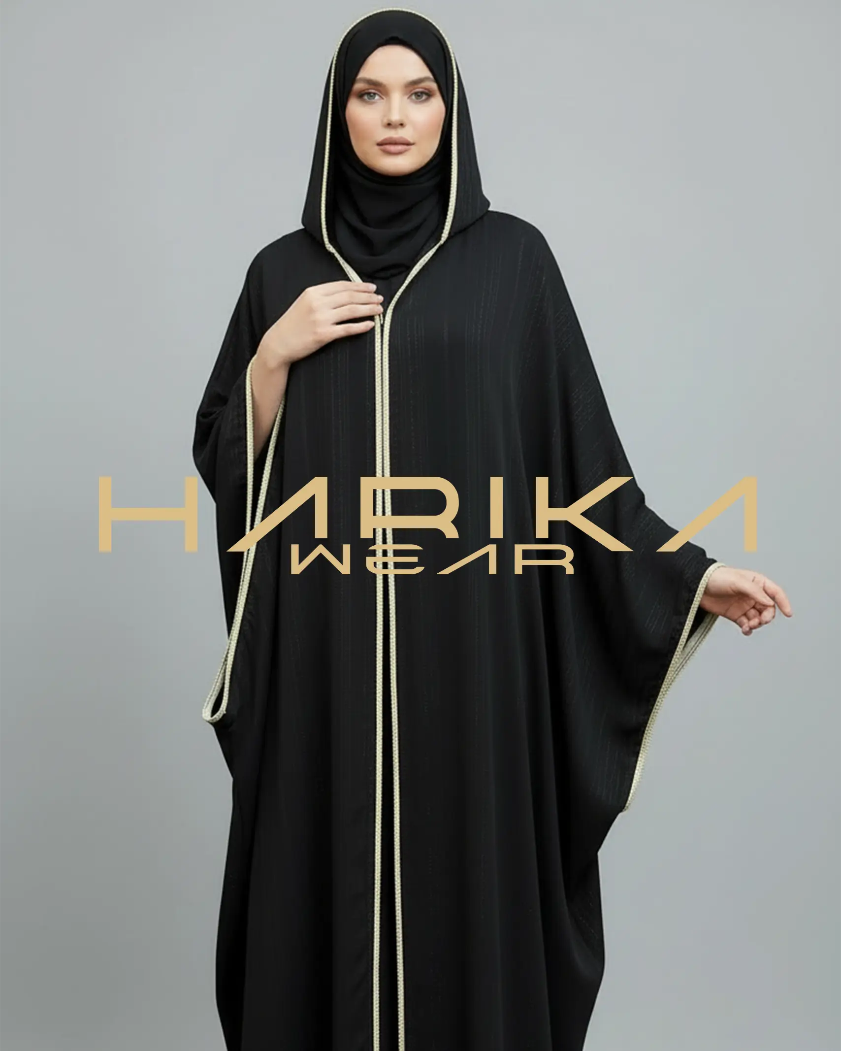 Altın Çizgili Şifon Kapüşonlu Arap Bişt Abaya