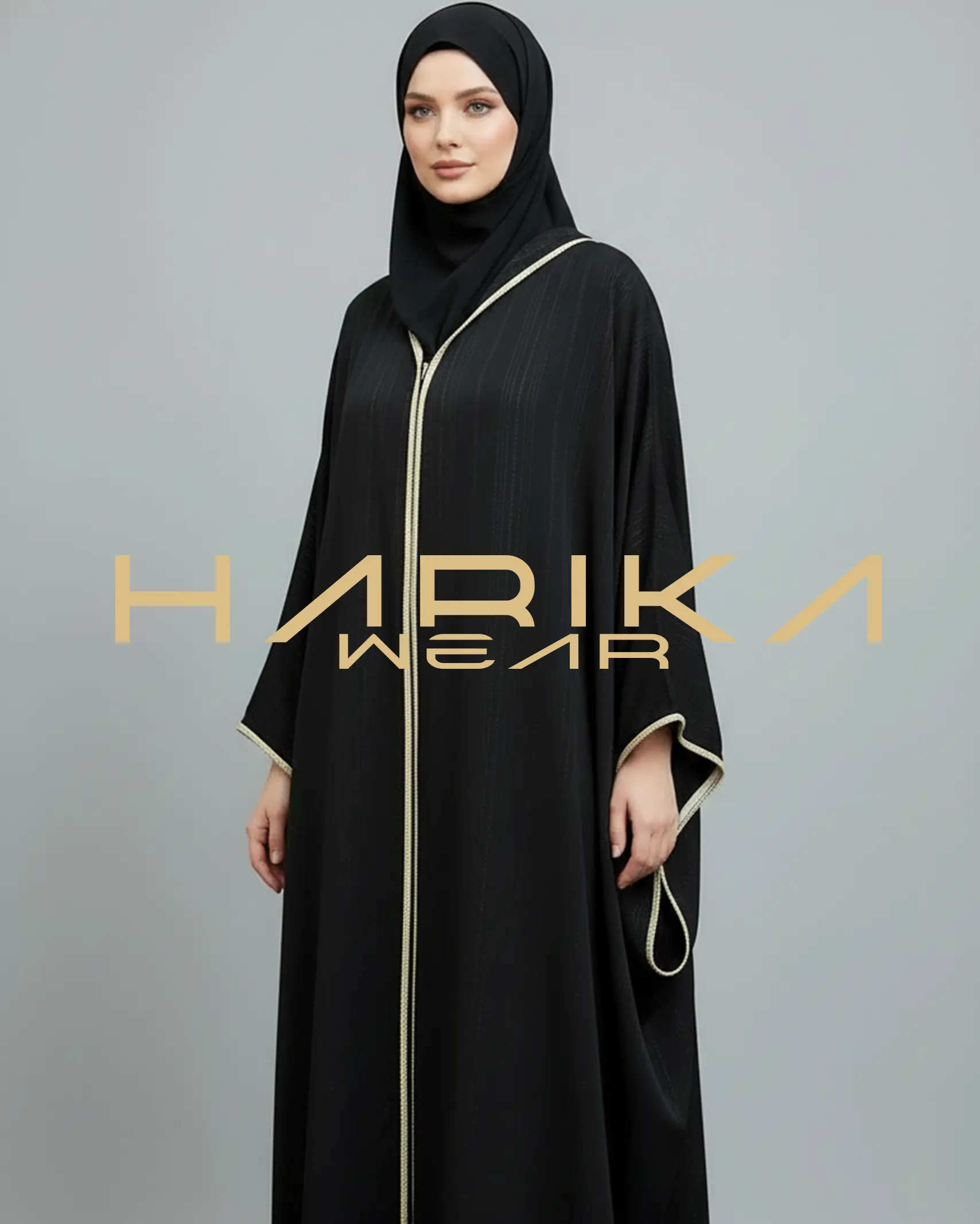 Altın Çizgili Şifon Kapüşonlu Arap Bişt Abaya