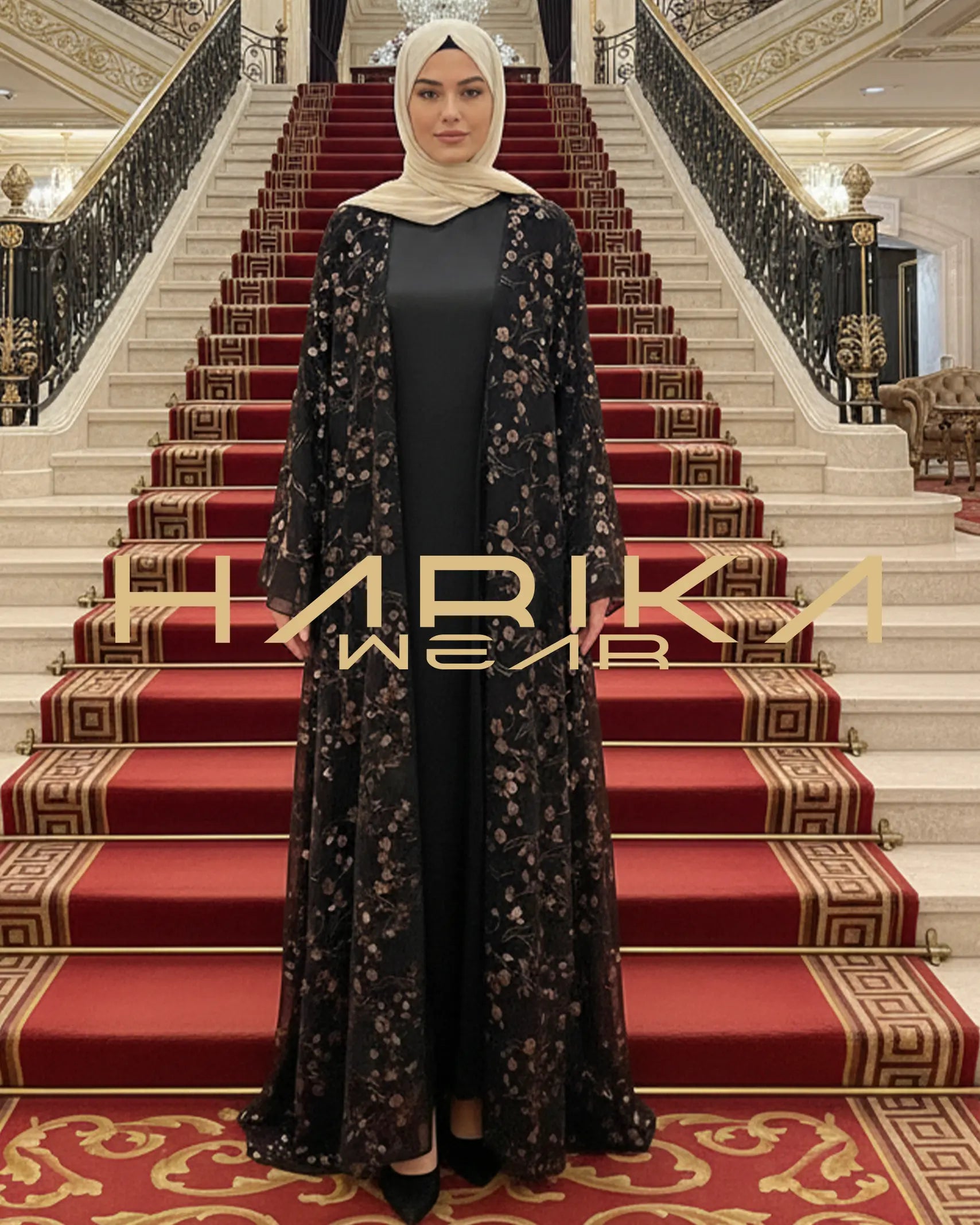 Jakarlı Çiçek Desenli Şifon Bişt Abaya