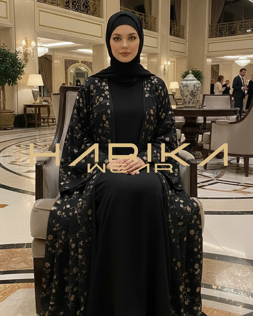 Jakarlı Çiçek Desenli Şifon Bişt Abaya
