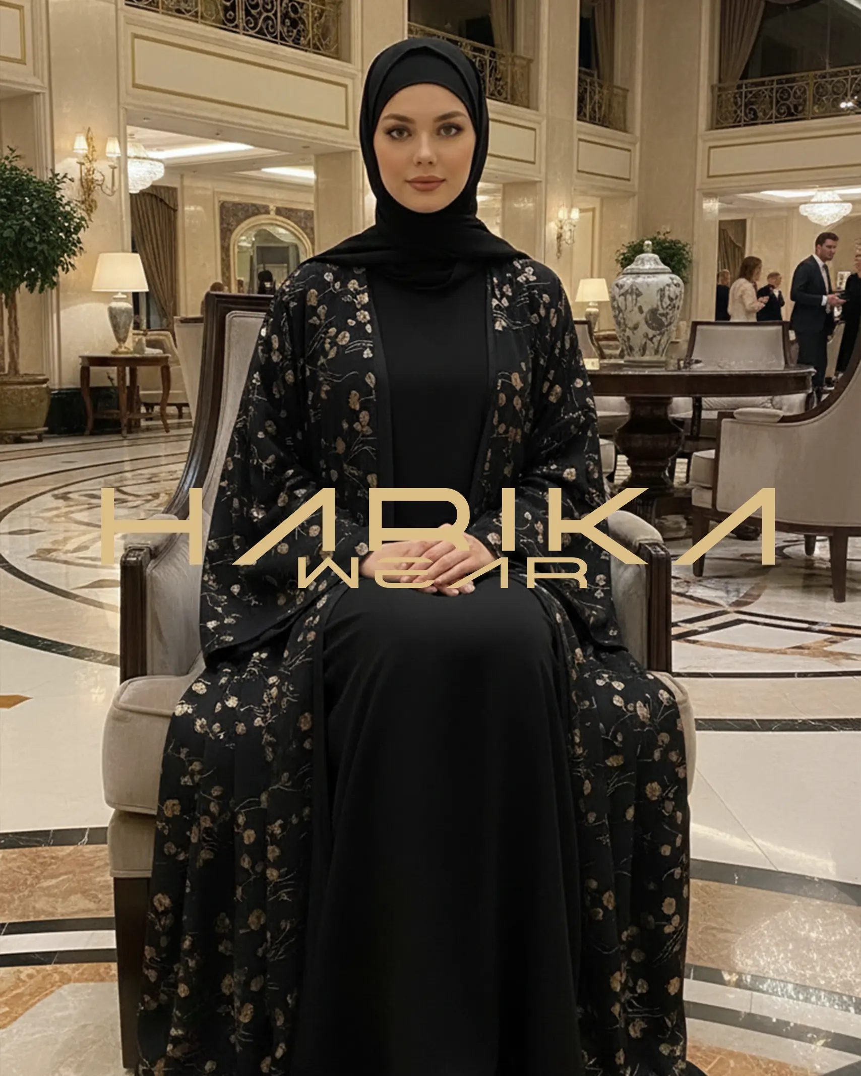 Jakarlı Çiçek Desenli Şifon Bişt Abaya