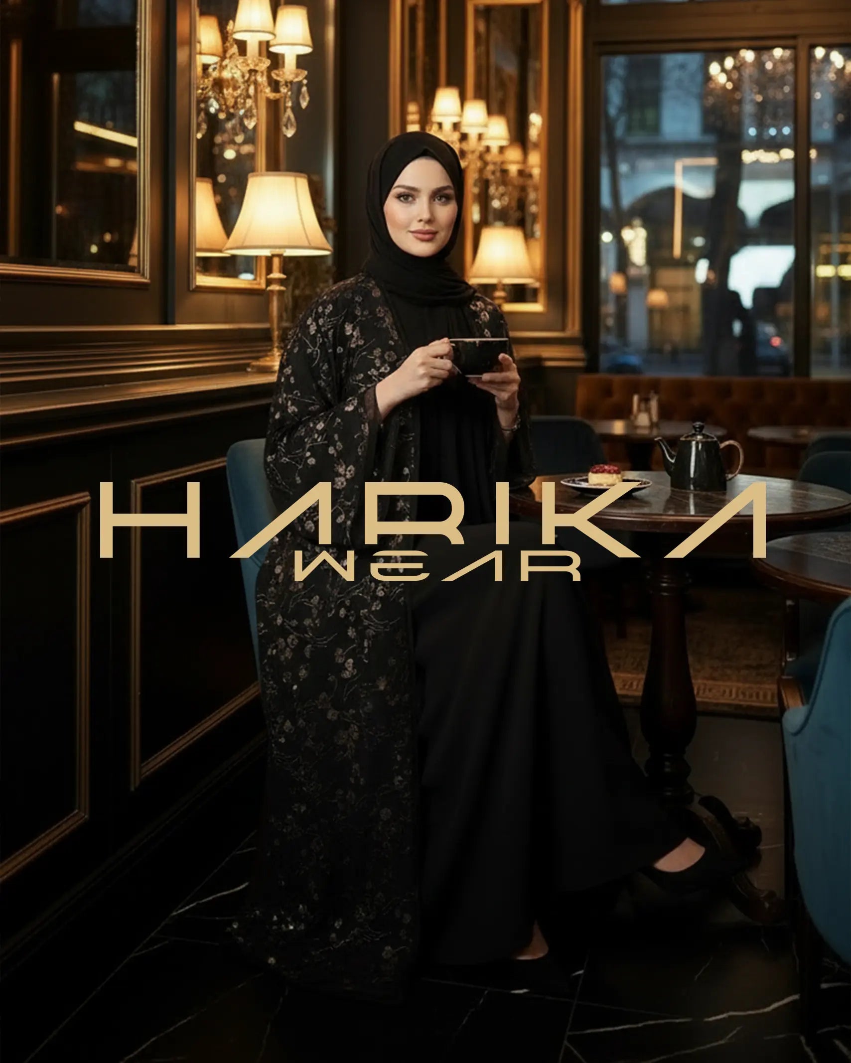 Jakarlı Çiçek Desenli Şifon Bişt Abaya