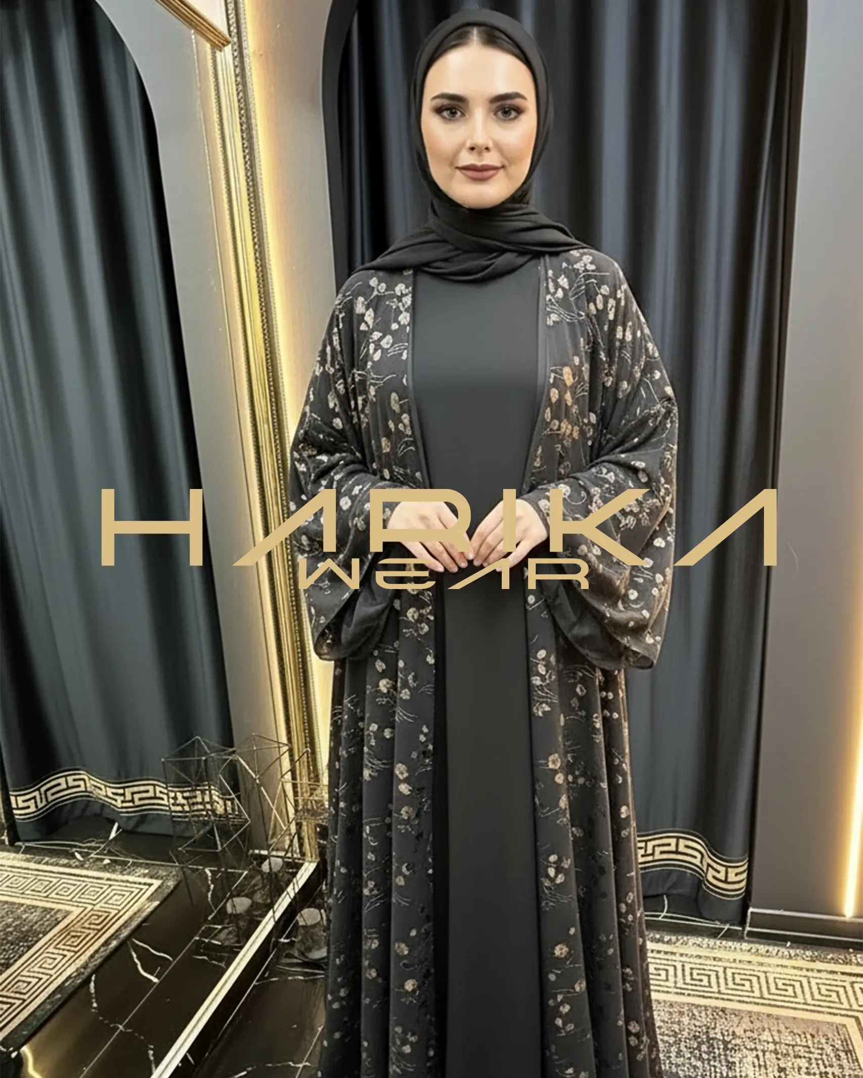 Jakarlı Çiçek Desenli Şifon Bişt Abaya