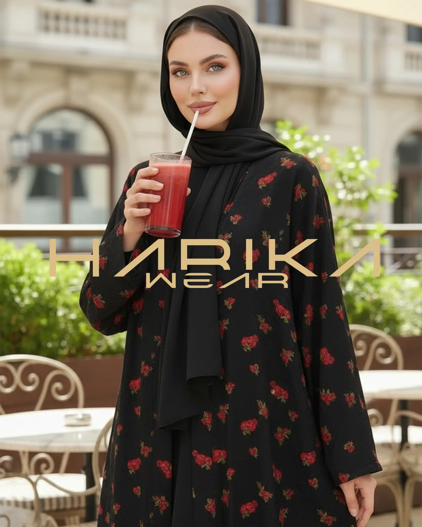 Kırmızı Gül Desenli Abaya