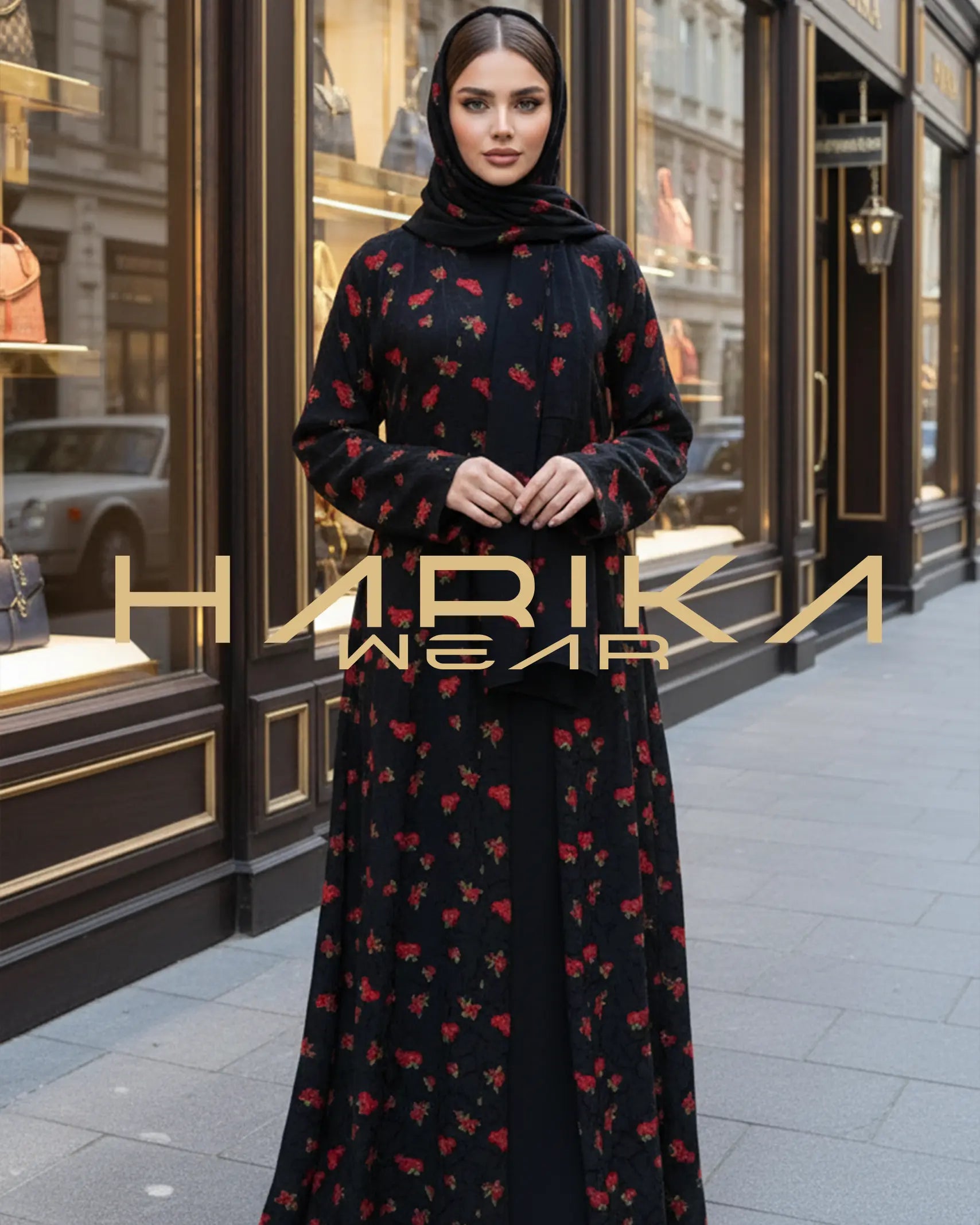 Kırmızı Gül Desenli Abaya