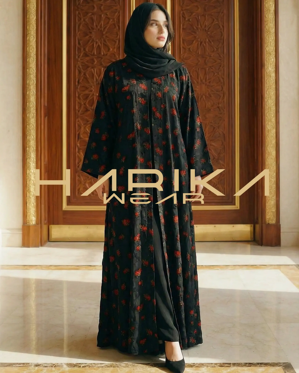 Kırmızı Gül Desenli Abaya