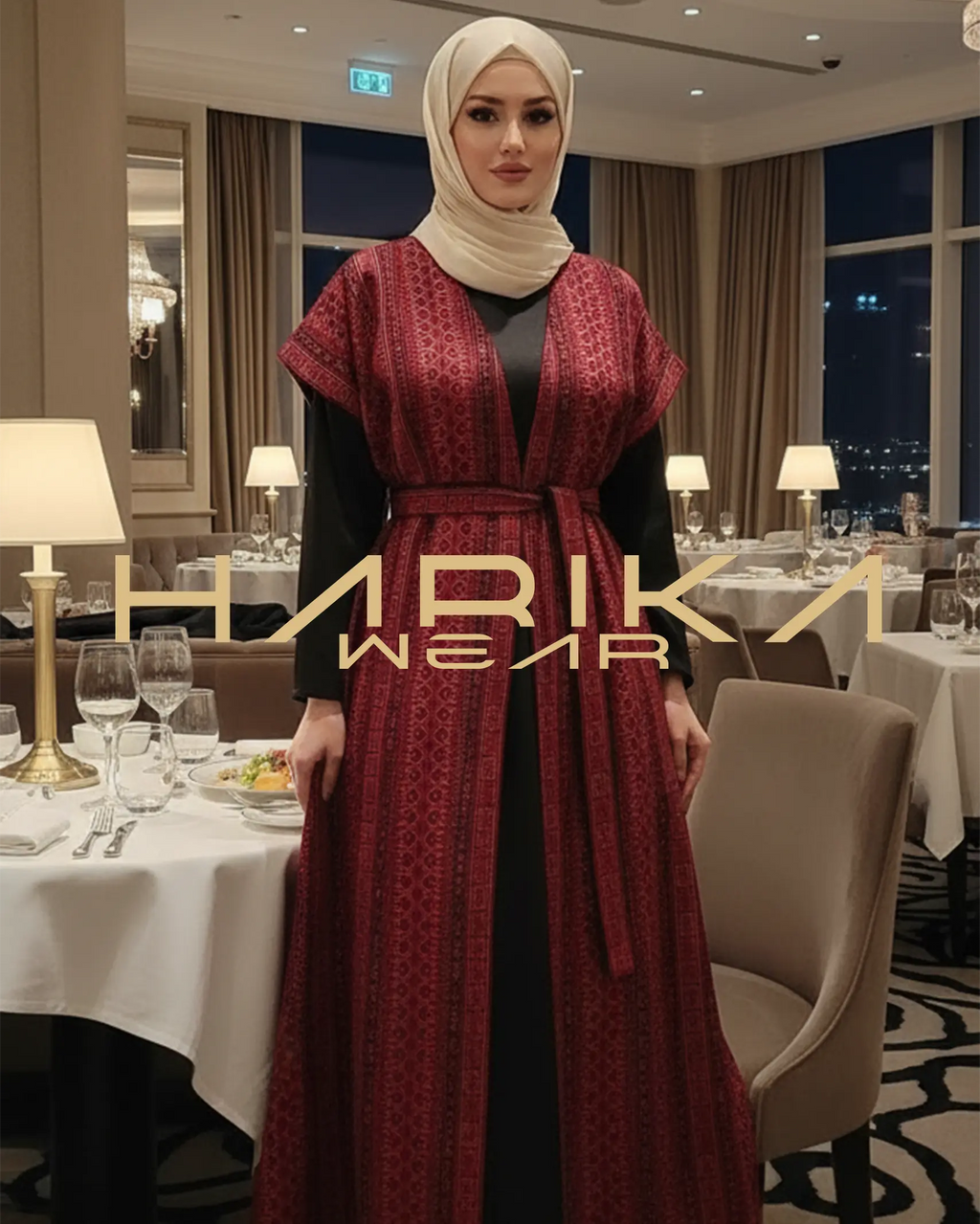 Tam Nakışlı Filistin Desenli Abaya