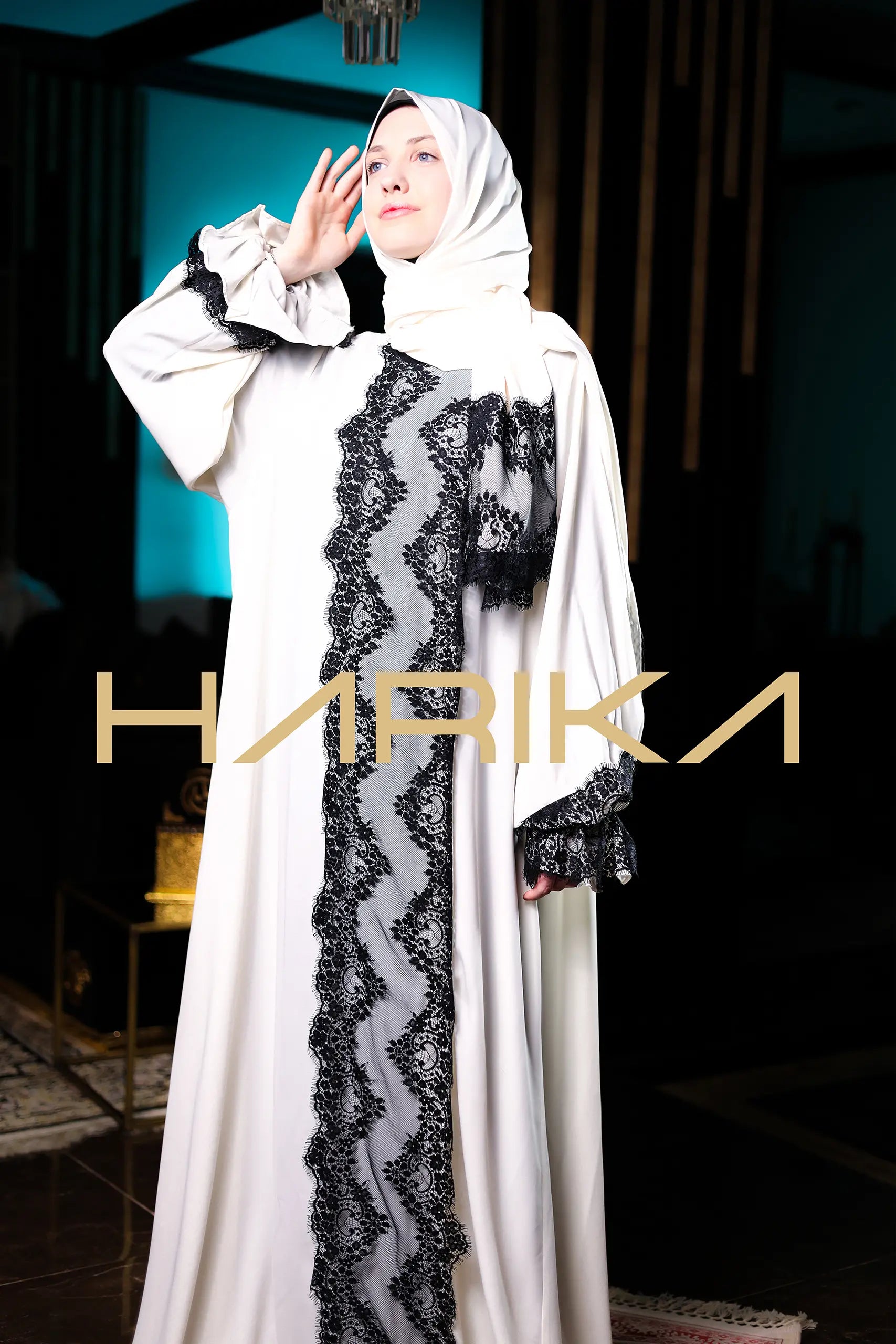 Dantel detayli Dubai ipek şallı namaz elbisesi