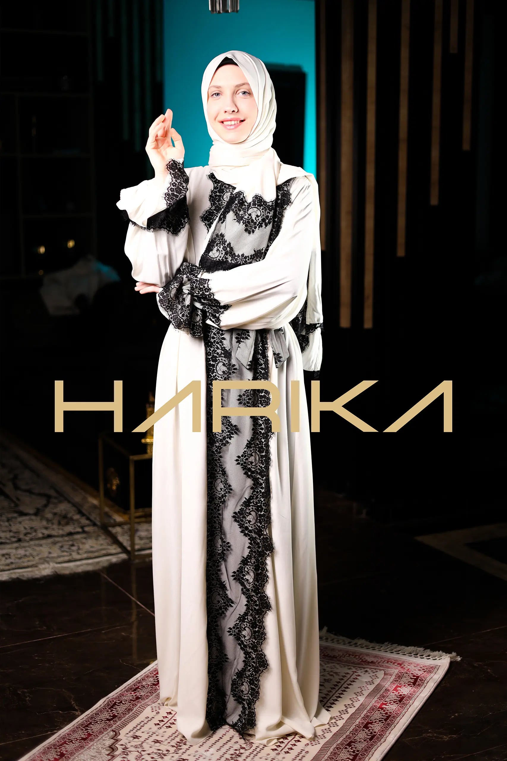 Dantel detayli Dubai ipek şallı namaz elbisesi