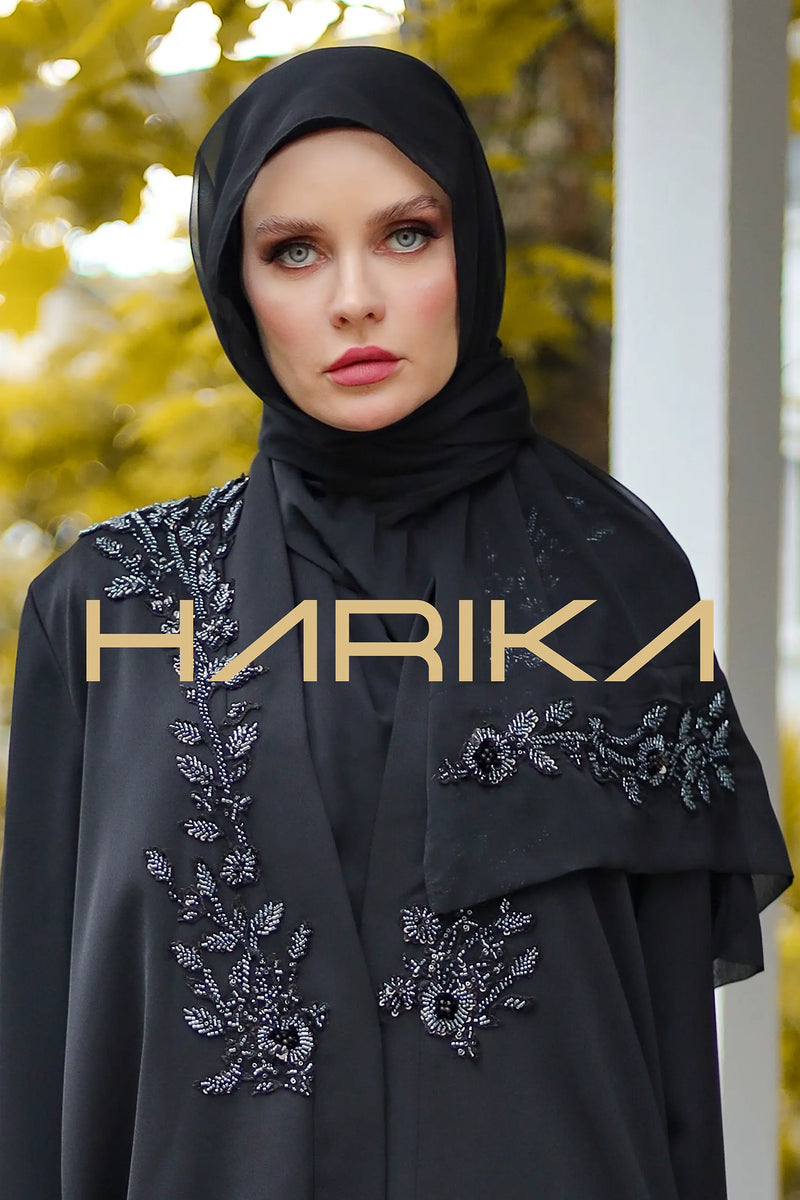 El işlemli kristal detaylı Siyah şifon şal