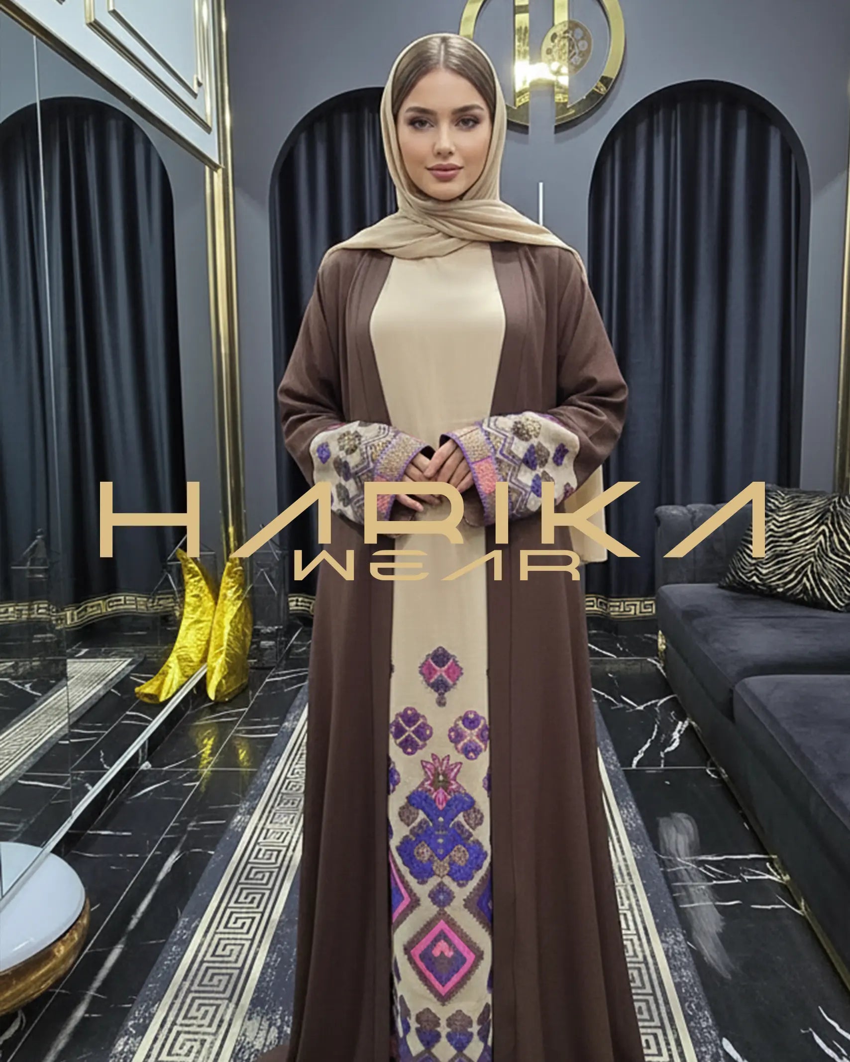 Arap Desenli Keten Abaya Elbise Takımı