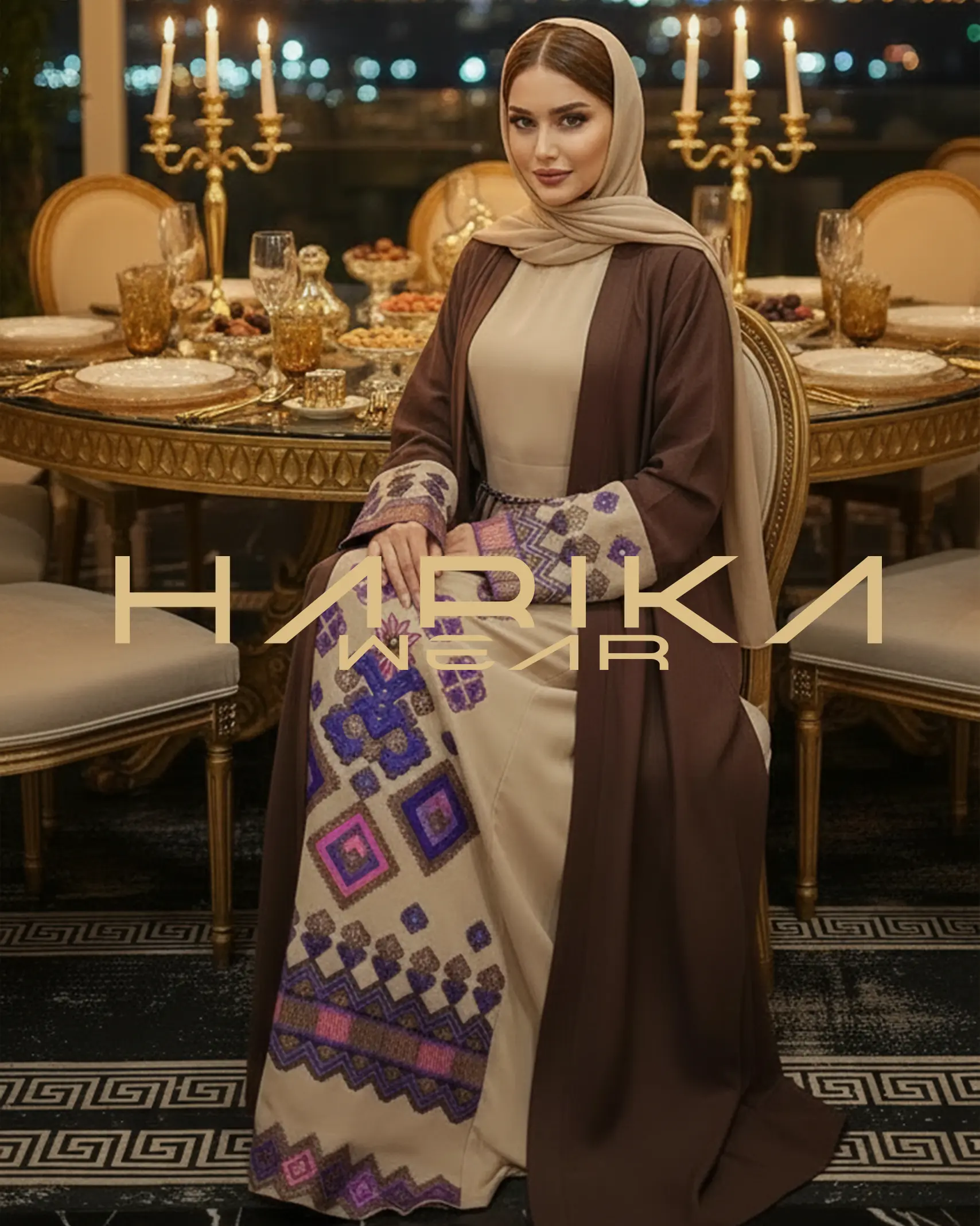 Arap Desenli Keten Abaya Elbise Takımı