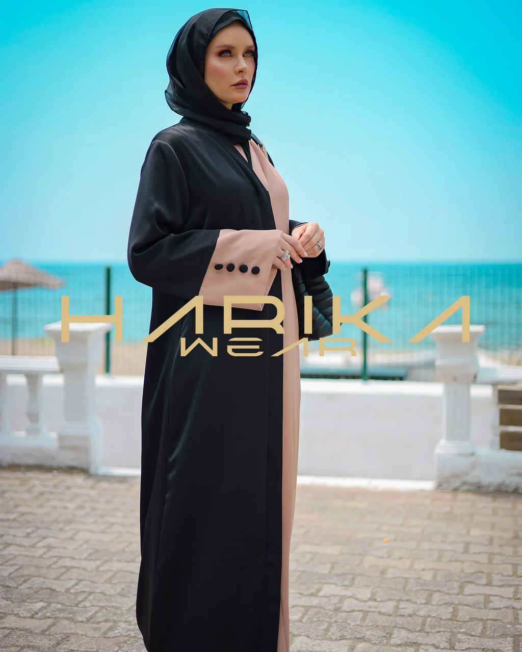 Siyah ve ton iki renkli ipek Krep Ferace